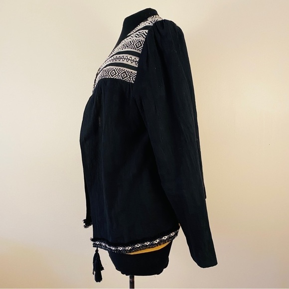 TRIBAL linen jacket embroidered black and white bohemian tassels textured large - Picture 8 of 15
